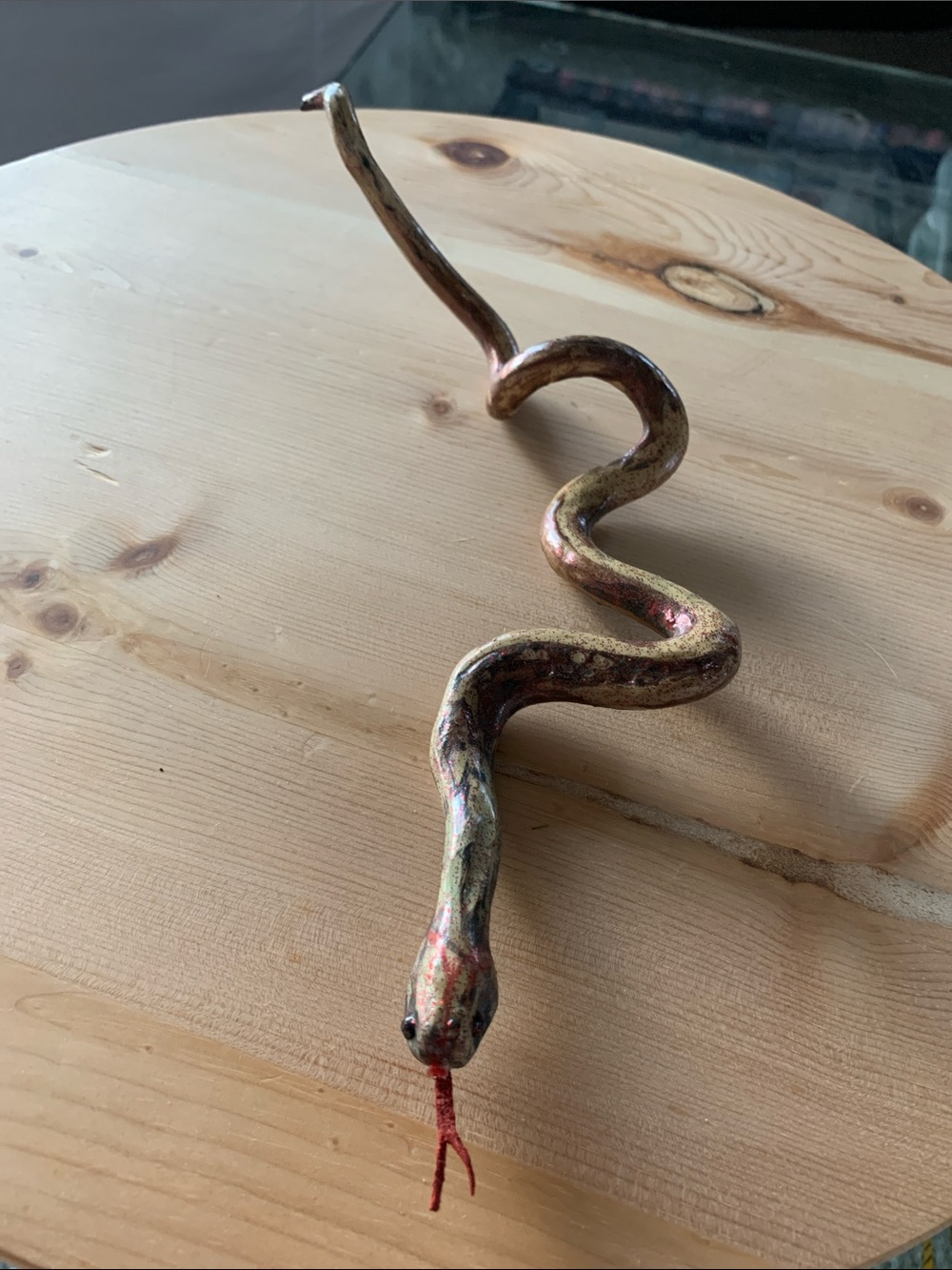 Wood Tree root folk art snake sculpture 10” long Red Leather Tongue
